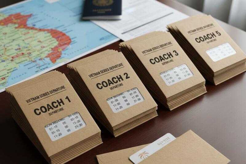 Pre-packed hotel key envelopes labeled by coach number and room sequence for a Vietnam series departure